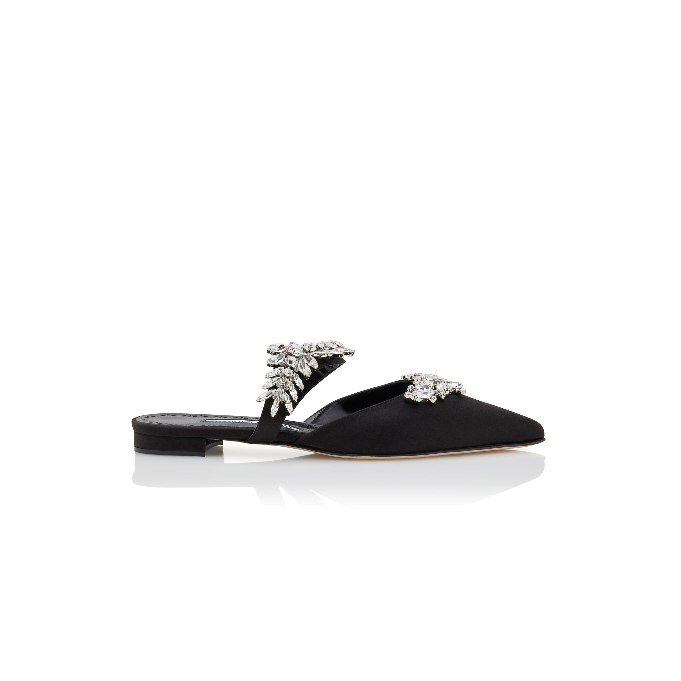 MANOLO BLAHNIK LURUMFLATUS BLACK SATIN CRYSTAL EMBELLISHED FLAT MULES 122-1947-0007